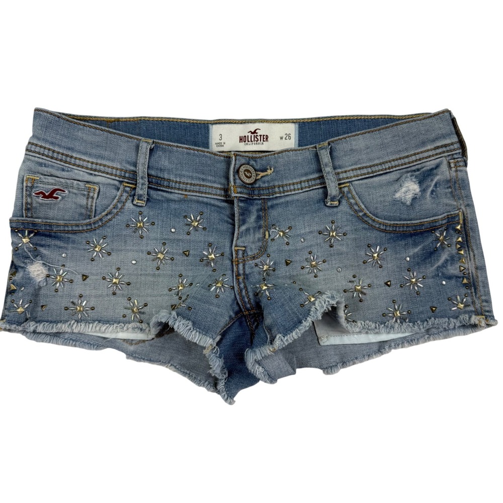 VTG Y2K Hollister Rhinestone Denim Micro Mini Shorts Size 3 W26 Ultra Low Rise
